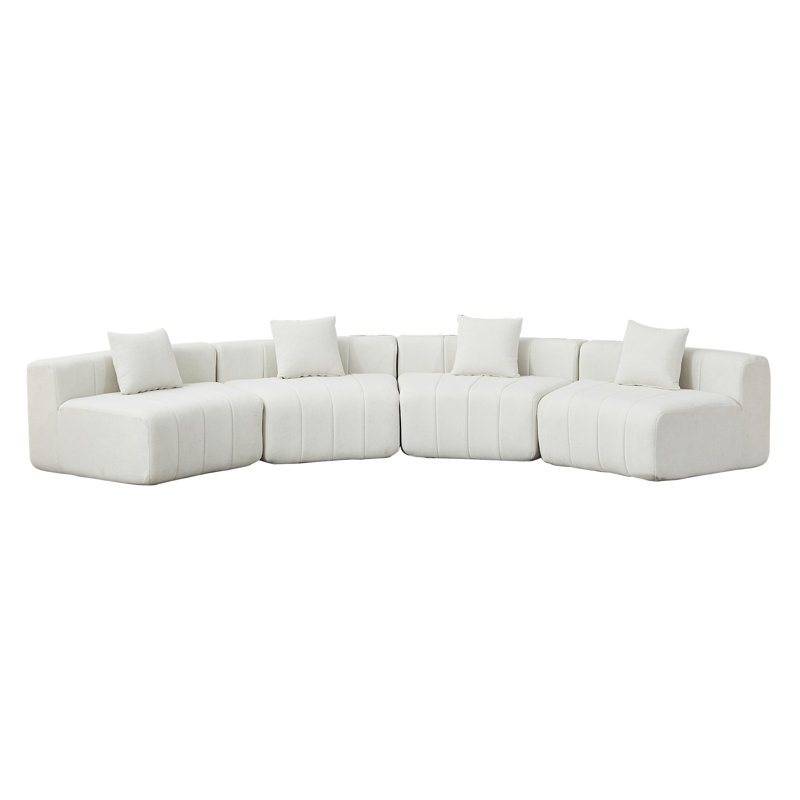 Chenille Curved Sectional Sofa With 4 Pillows, 29" H x 151" W x 33" D, Beige Chenille