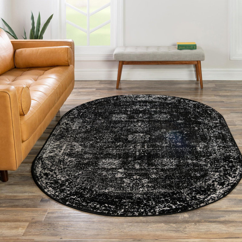Tapis noir à motif floral Brandt, Non, Noir, Ovale 2 pi x 3 pi 1 po