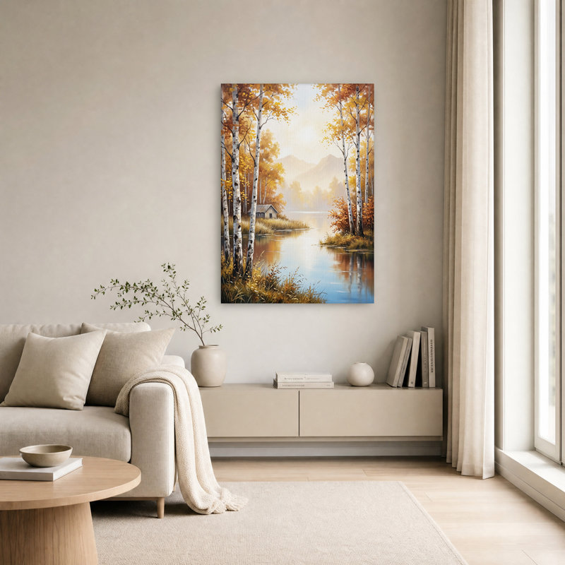 Tableau sur toile représentant des bouleaux dorés d'automne au bord d'un lac, H 18 po x l 12 po