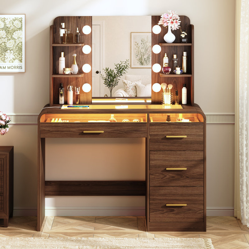 Bureau de coiffeuse avec miroir, plateau en verre RVB et station de charge - Commode de maquillage spacieuse pour la chambre à coucher