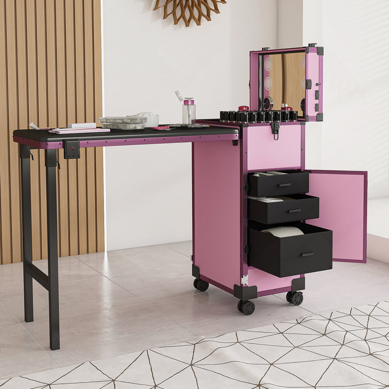 Table portable Nail Art avec miroir DEL, Bluetooth, tiroirs verrouillables, poteau télescopique - station de manucure pliante pour les salons
