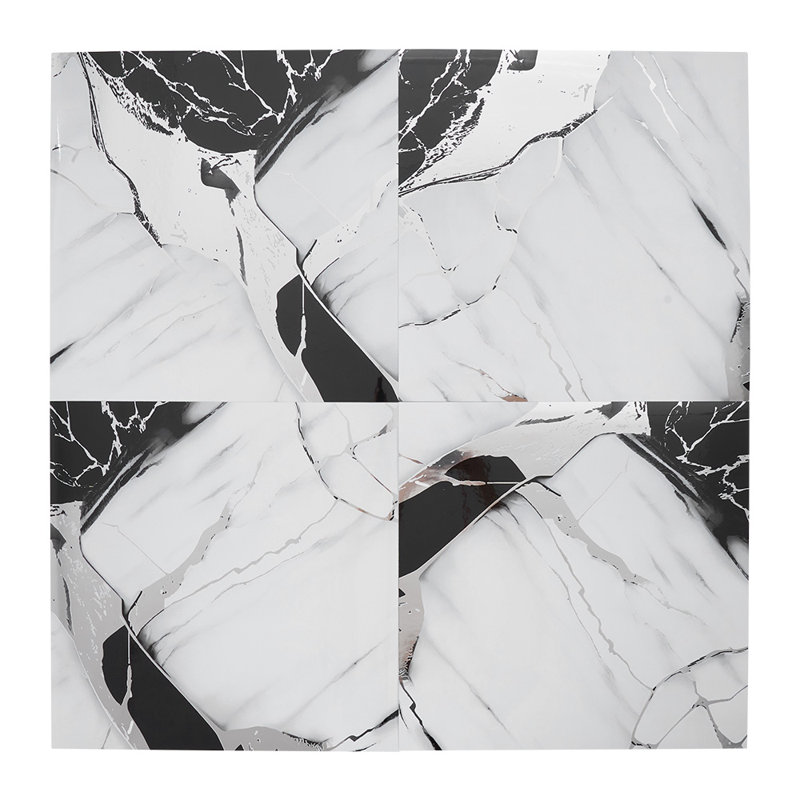 10Pcs Self-Adhesive Marble Pattern Wall Tile Stickers, 40cm L x 40cm W, White/Black
