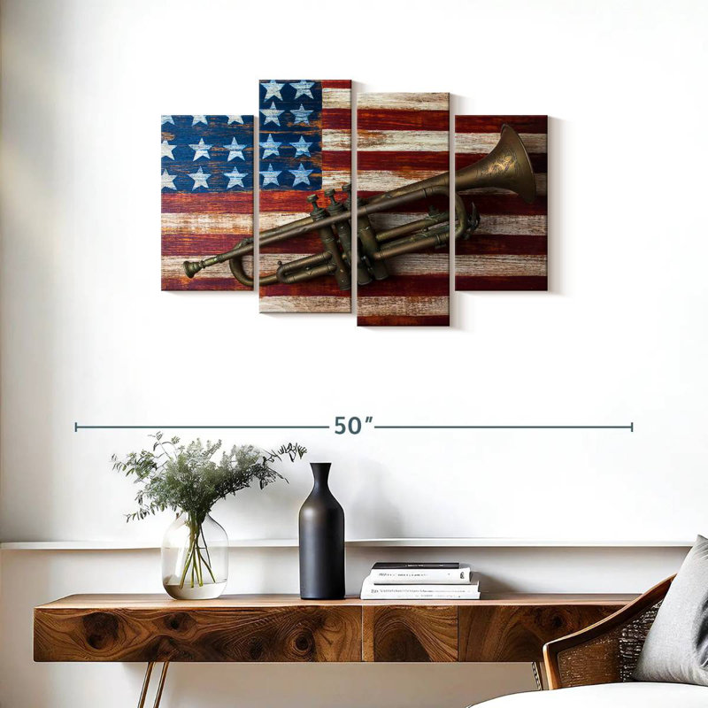 Borges Trumpet On American Flag, 22" H x 36" W