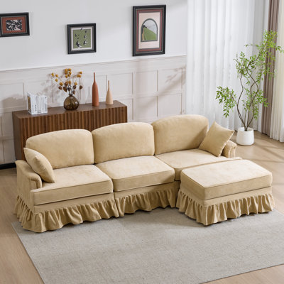 Canapé modulaire en forme de L de 103,15 po à 4 places, canapé en chenille avec jupe plissée à volants amovible, repose-pieds et accoudoirs évasés pour le salon et la chambre à coucher