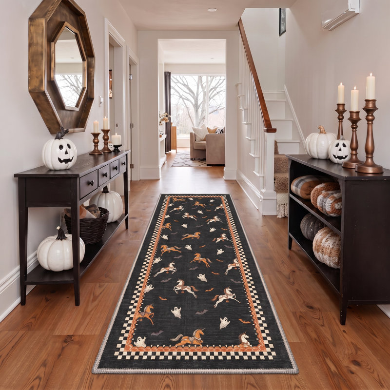 Tapis d'Halloween fantôme et chauve-souris, noir/orange, lavable à la machine, à poils courts, antidérapant, Runner 2' x 6'