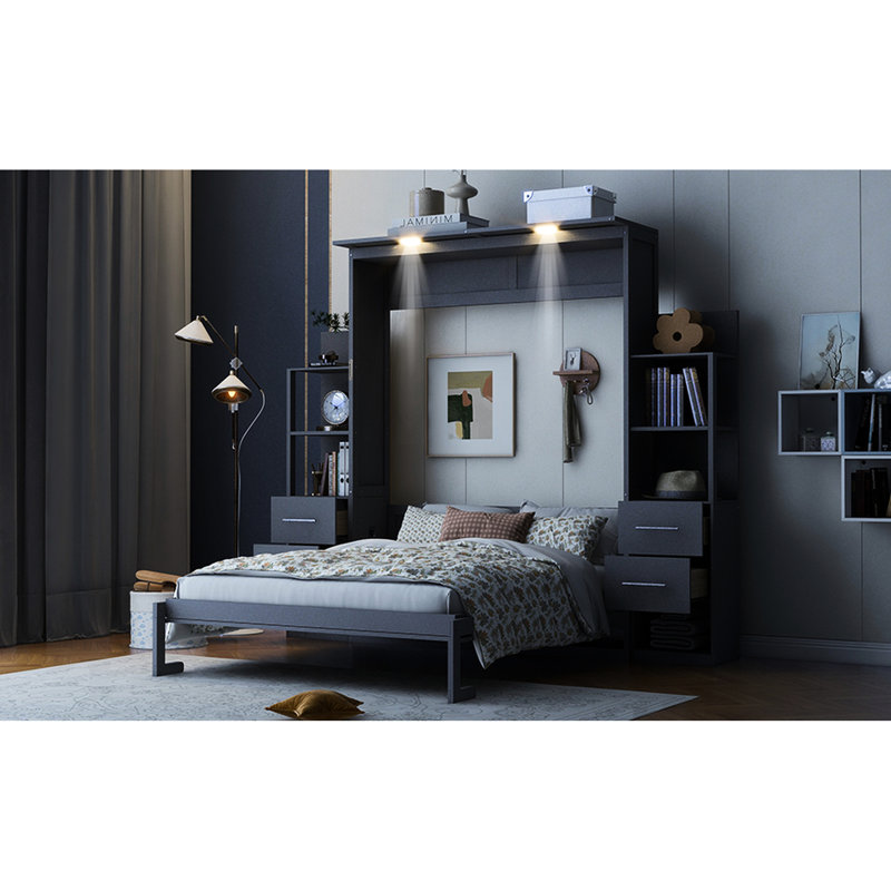 Grand lit mural gris avec rangement et lumières Solution d'économie d'espace pour le gymnase à domicile