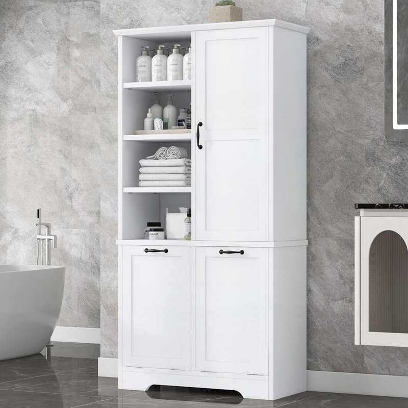 Bathroom Storage Cabinet with Doors and Drawers, Tilt-Out Laundry Hamper, Multiple Storage Space, White