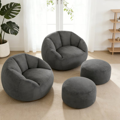 Set of 2 Oversized Plush Microfiber Soft Shell Bean Bag Chair with Ottoman by Trule