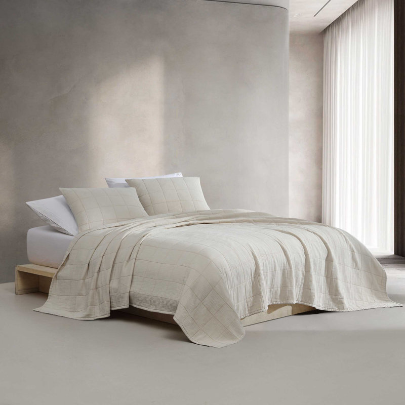 Calvin Klein Cotton Gauze Solid Cotton Beige Quilt Set, King Quilt + 2 King Shamps