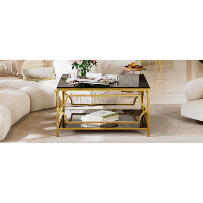 Square Glass Coffee Table in 33.5",Luxurious Geometric Metal Frame,Gold Finish & Lower Shelf