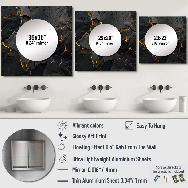 Lyvia - Grand miroir carré volcanique pour décoration murale, 29 po x 29 po