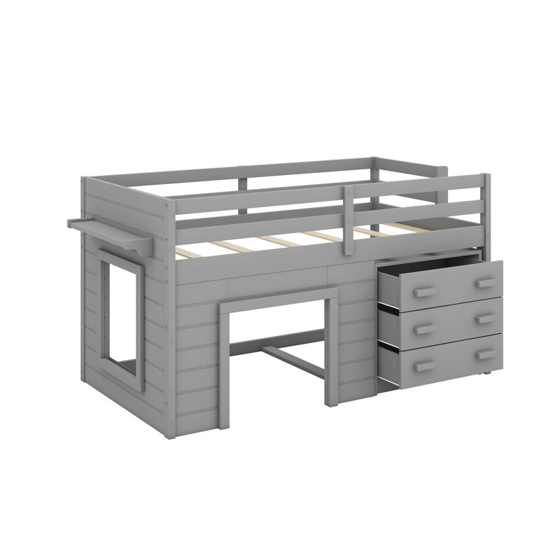 Lit mezzanine simple avec armoire et tablette, Gris