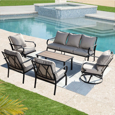 Ensemble de conversation pour patio 7 personnes avec coussins - canapé 3 places, 2 chaises fixes, 2 chaises pivotantes et table basse, ensemble de conversation en métal toutes saisons pour cour, jardin et balcon (beige)