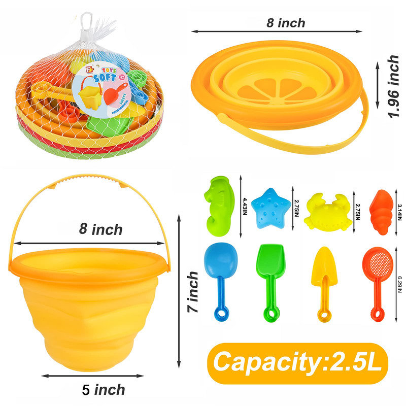 Ensemble de jouets de plage pliables pour enfants - Seau de sable pliable de 2,5 L avec outils pour le voyage, le camping et les jeux d'été en plein air