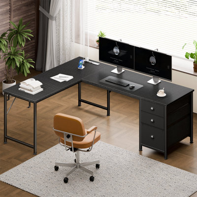 62.8 Inch L-Shaped Computer Desk with Power Outlets & Storage Fabric Drawers, Reversible Gaming Desk for Home Office