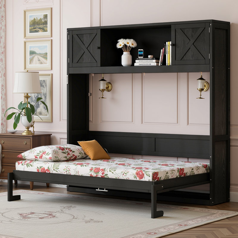 Full Size Black Murphy Bed with Storage Cabinets, Foldable Wall Bed with Shelves