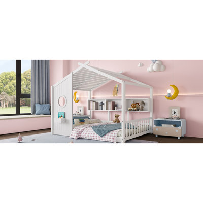 Lit de maison blanc au sol avec toit et tablette de rangement, toit semi-fermé pour maison de jeu, lit de jeu indépendant