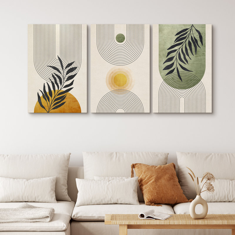 Mid Century Modern Boho Geometric Pastel Jungle Palm Leaf Abstract Nature - 3 Piece Print Set on Canvas, Wrapped Canvas