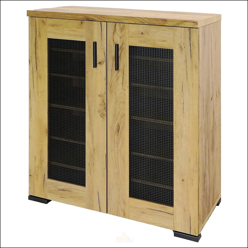Armoire décorative en chêne doré et en filet noir pour le rangement des chaussures et l'organisation générale