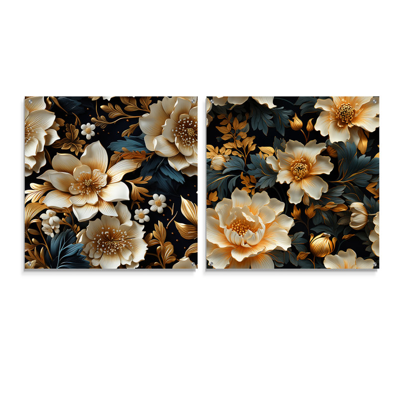 Luxueux motif floral doré et gris - ensemble d'art mural en acrylique sur verre floral, H 16 po x l 33 po