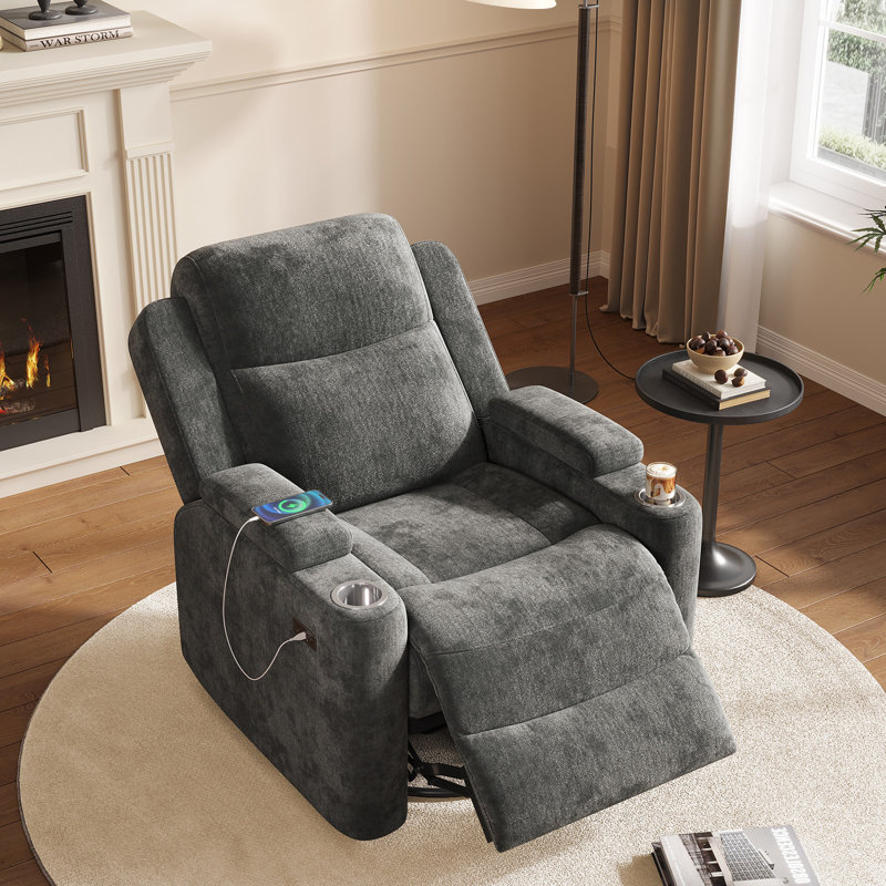 34.84" Wide Soft Chenille Power Recliner Chair with Swivel Function, Double Cup Holders and USB, Type-C Ports, Gray