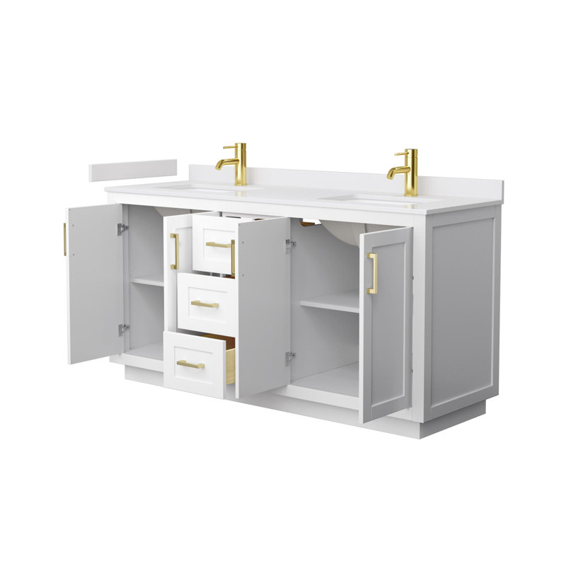 Miranda 66" Freestanding Double Bathroom Vanity with Cultured Marble Top, Gold, White, White Cultured Marble