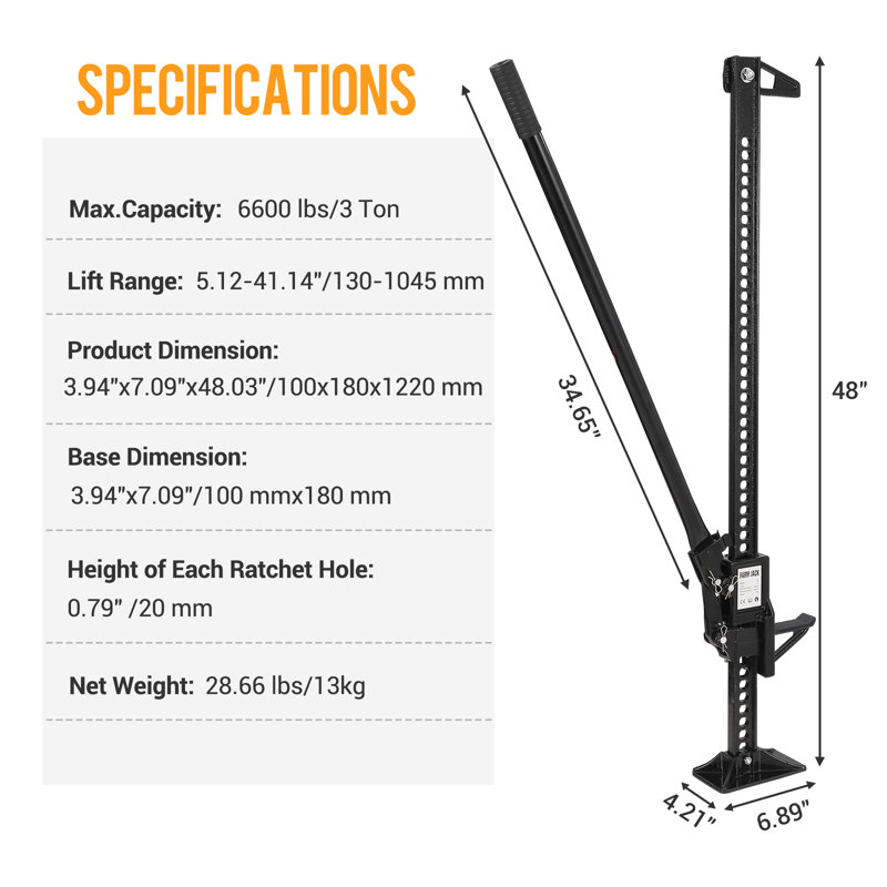 3 Ton (6000 lbs) Farm Jack – High Lift Ratcheting Off-Road Jack, Adjustable Height – Steel Utility Jack for Truck, ATV, UTV, Trailer