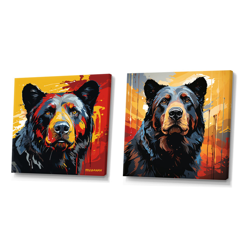 Illustration abstraite d'ours coloré I - ensemble de 2 impressions sur toile d'ours, Toile tendue, H 16 po x l 33 po x P 1 po