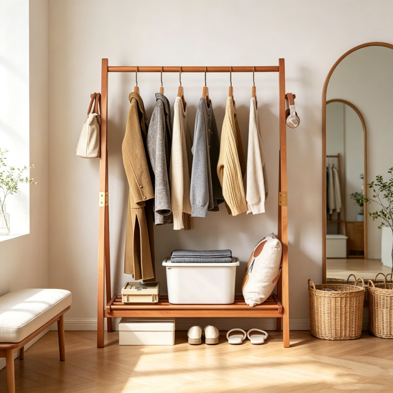 Support à vêtements autoportant à structure ouverte avec organisateur de vêtements ouvert multi-usages avec crochets latéraux et tablette de rangement inférieure