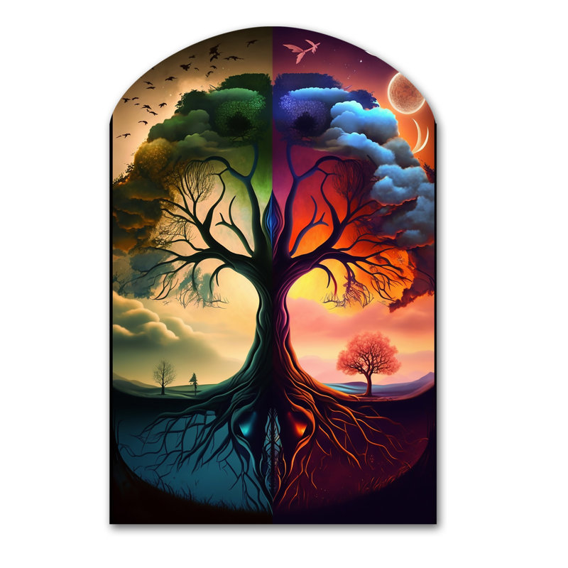 Arbre de vie, jour et nuit I - Paysage, arche de forêt, art mural asymétrique, H 43 po x l 33 po