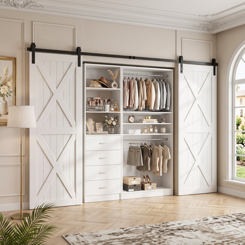 Welles Closet System with Wood Drawers, Hanging Rods, 2 units, White