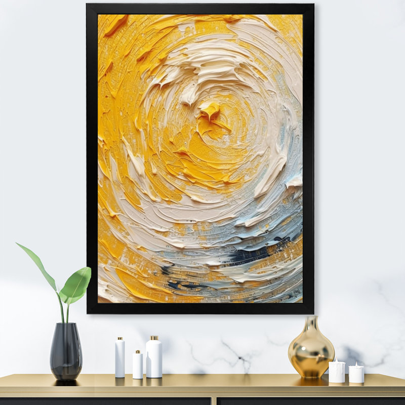 Décoration murale spirale jaune crème - spirales abstraites, H 32 po x l 24 po x P 1 po, Cadre simple noir