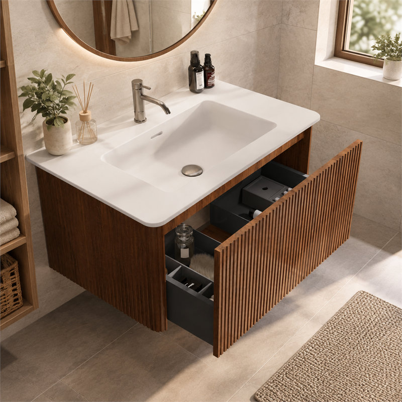 Meuble-lavabo suspendu Etna 36 po, armoire en chêne brut rayé avec lavabo intégré en surface solide blanche, sans drain, préassemblé pour salles de bains modernes