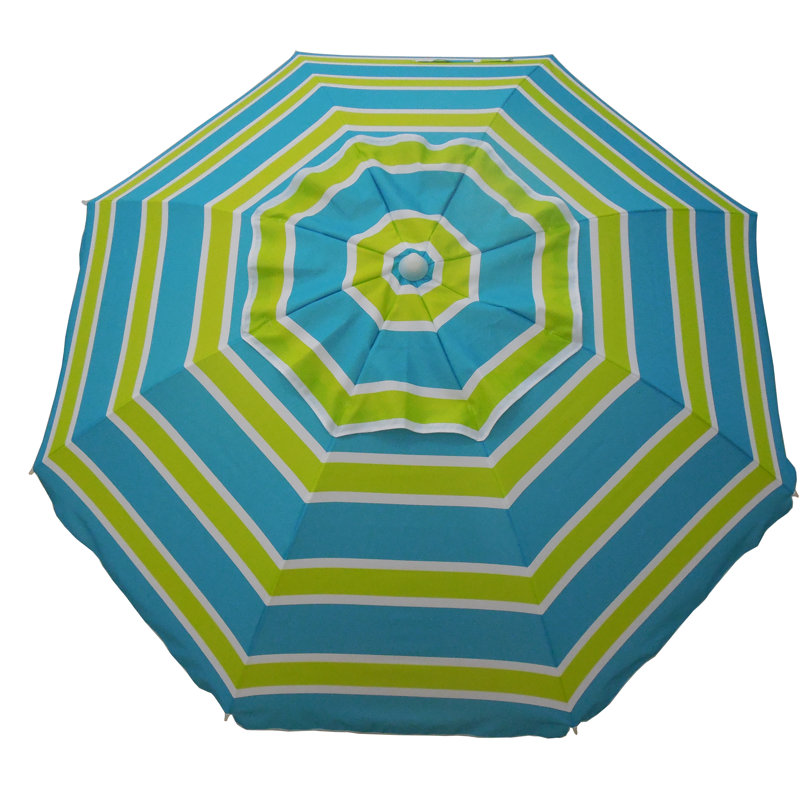 7 ft Green and Blue Striped Polyester Beach Umbrella