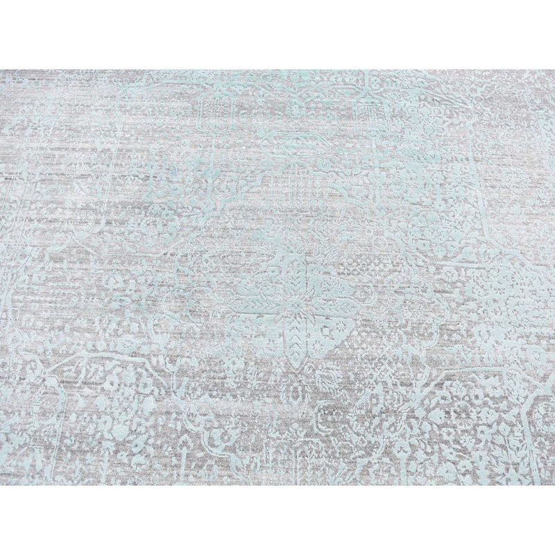 11'10"x14'10" Green Erased Design Wool Silk Hand Knotted Oversized Rug AFAEC75243ED4DEBAFB1FE7540114C73