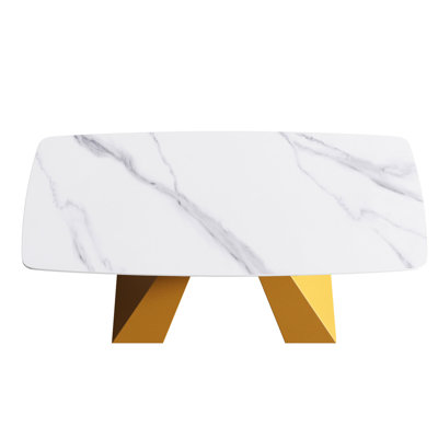 Table de salle à manger blanche 71,36 po, fabrication en pierre frittée, pieds en métal doré, convient pour 6 à 8 personnes, chaleur, table moderne à faible perméabilité à l'eau 71,36 po, plateau avec brûlures, décoloration et fautes