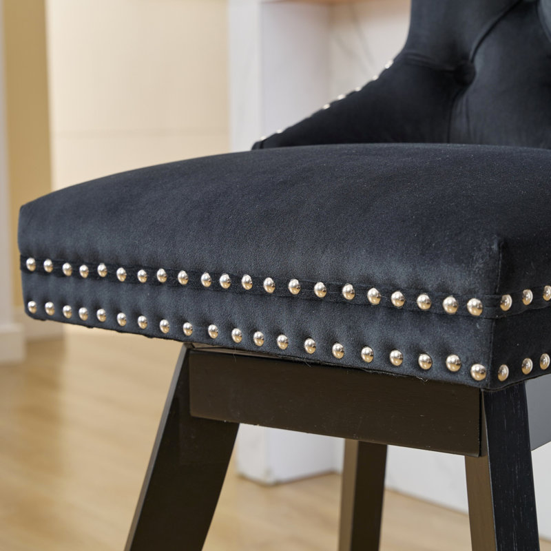 Swivel Velvet Barstools With Button Tufted Design, Wooden Legs, And Chrome Nailhead Trim For Comfort And Style, Set Of 2