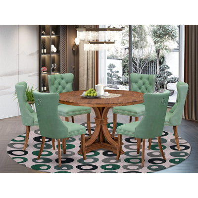 7-Pc Dining Set Contain a Dining Room Table and 6 Willow Green Polyester fabric Upholstered Chairs with Button-Tufted Back, Antique Walnut