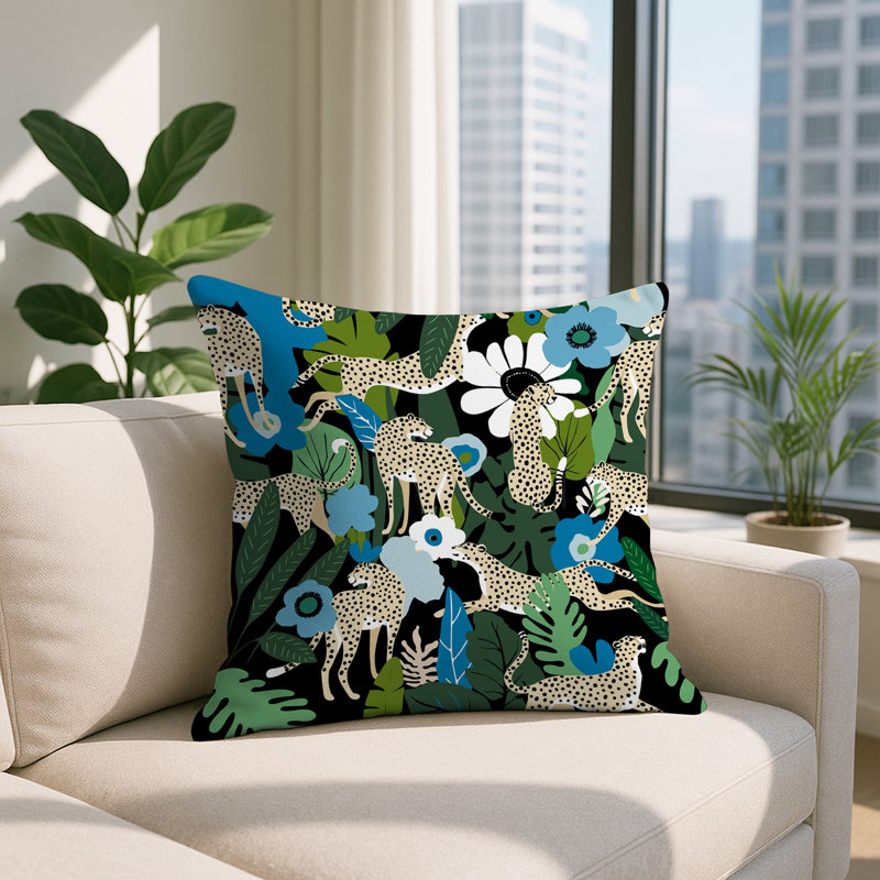 Oreiller carré réversible intérieur / extérieur Nogi Leopard, Carré 16 po, Turquoise
