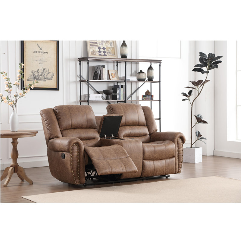 Causeuse inclinable manuelle en similicuir de 76 po de large avec console centrale Margena