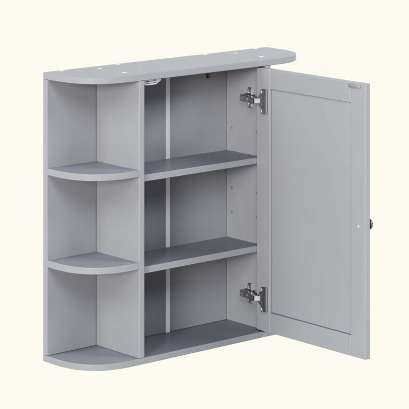 Armoire de rangement murale de salle de bain avec miroir, armoire à pharmacie avec tablette en bois réglable et portes, armoires de rangement montées avec 6 tablettes ouvertes