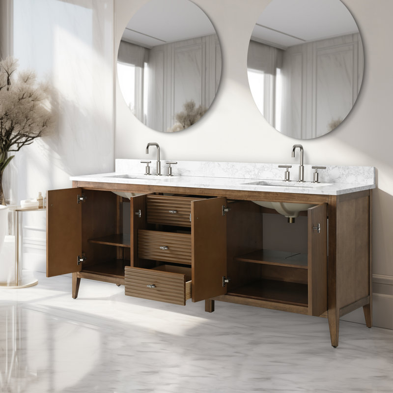 Laval 72" Double Sink Freestanding Bathroom Vanity with Engineered Marble Top, Linear Walnut, Brushed Nickel