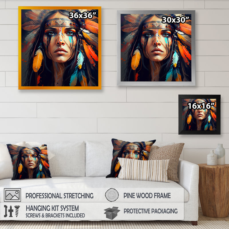 «Colorful Native American Woman VII», impression sur toile, H 16 po x l 16 po x P 1 po, Impression noire sur toile encadrée