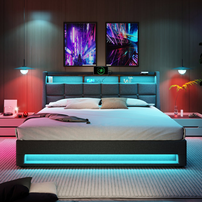 Upholstered Queen Bed In Grey With Led, - Hydraulic Storage Sized Upholstery, Led & Port, Grey, Queen