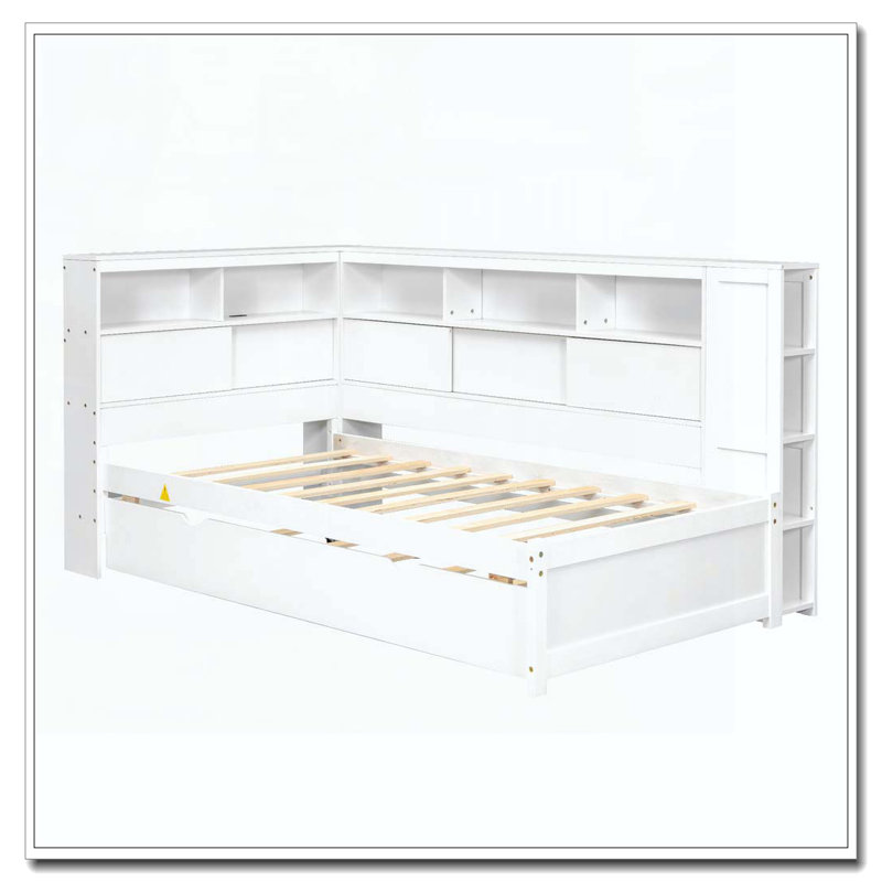 Twin Size Wood Daybed with Storage Shelves, USB and Trundle, White