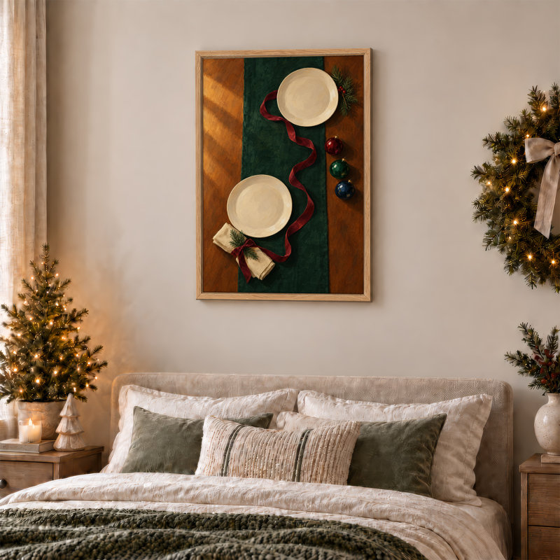Art de la table avec des plaques blanches et un ruban rouge, H 48 po x l 36 po
