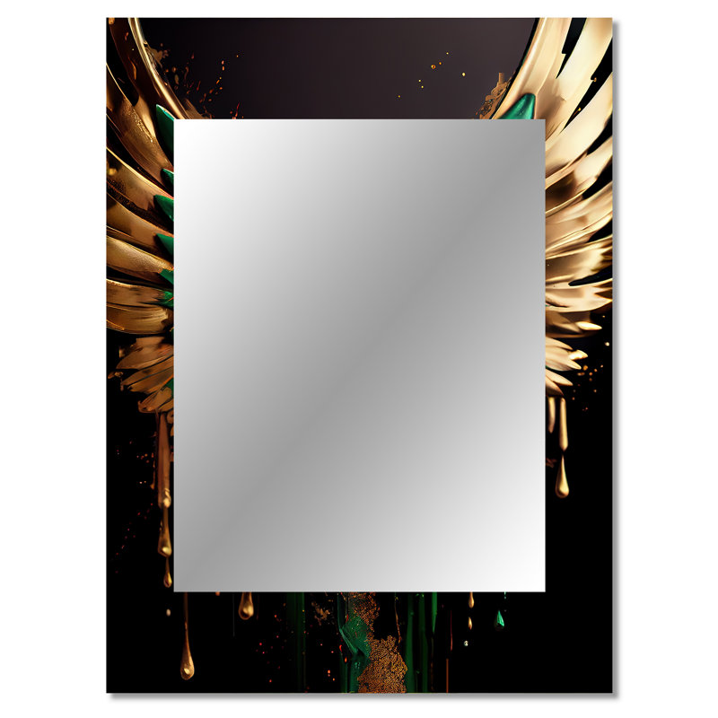 Green And Gold Angel Wings I - Wings Angel Mirror, Modern Unique Wall Mirror, Printed Metal Art, 40" x 30"