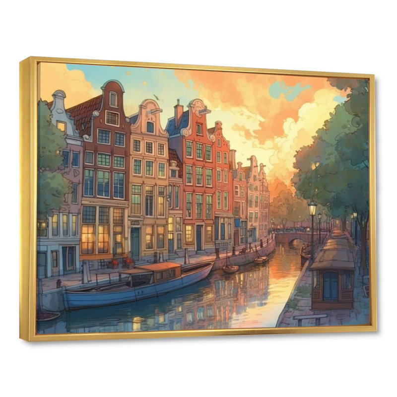 Peaceful Amsterdam I, reproduction d'art sur toile, H 12 po x l 20 po x P 1 po, Cadre flottant doré