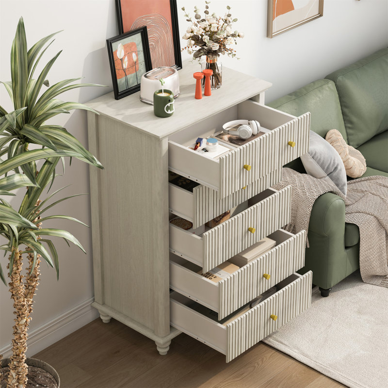 Commode 5 tiroirs cannelée, Beige