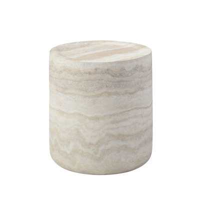 Round Faux Travertine Coffee Table, 15.75 x 15.75 x 17.52 Inch, Beige Fiberglass, No Assembly